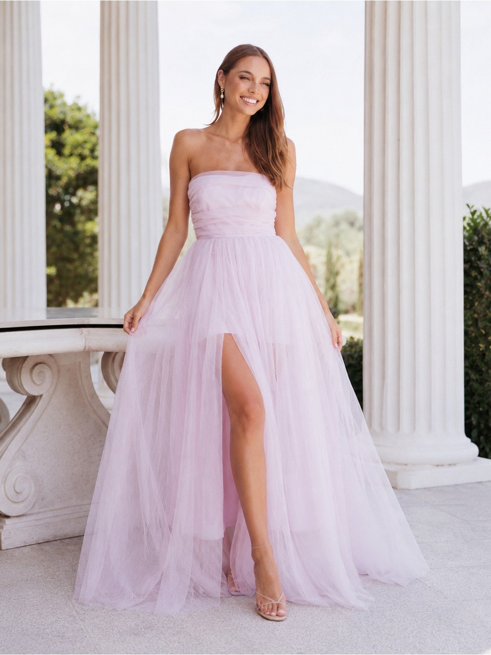 Petal & Pup Anabella Pale Pink Strapless Tulle Maxi Formal Bridesmaid Dress